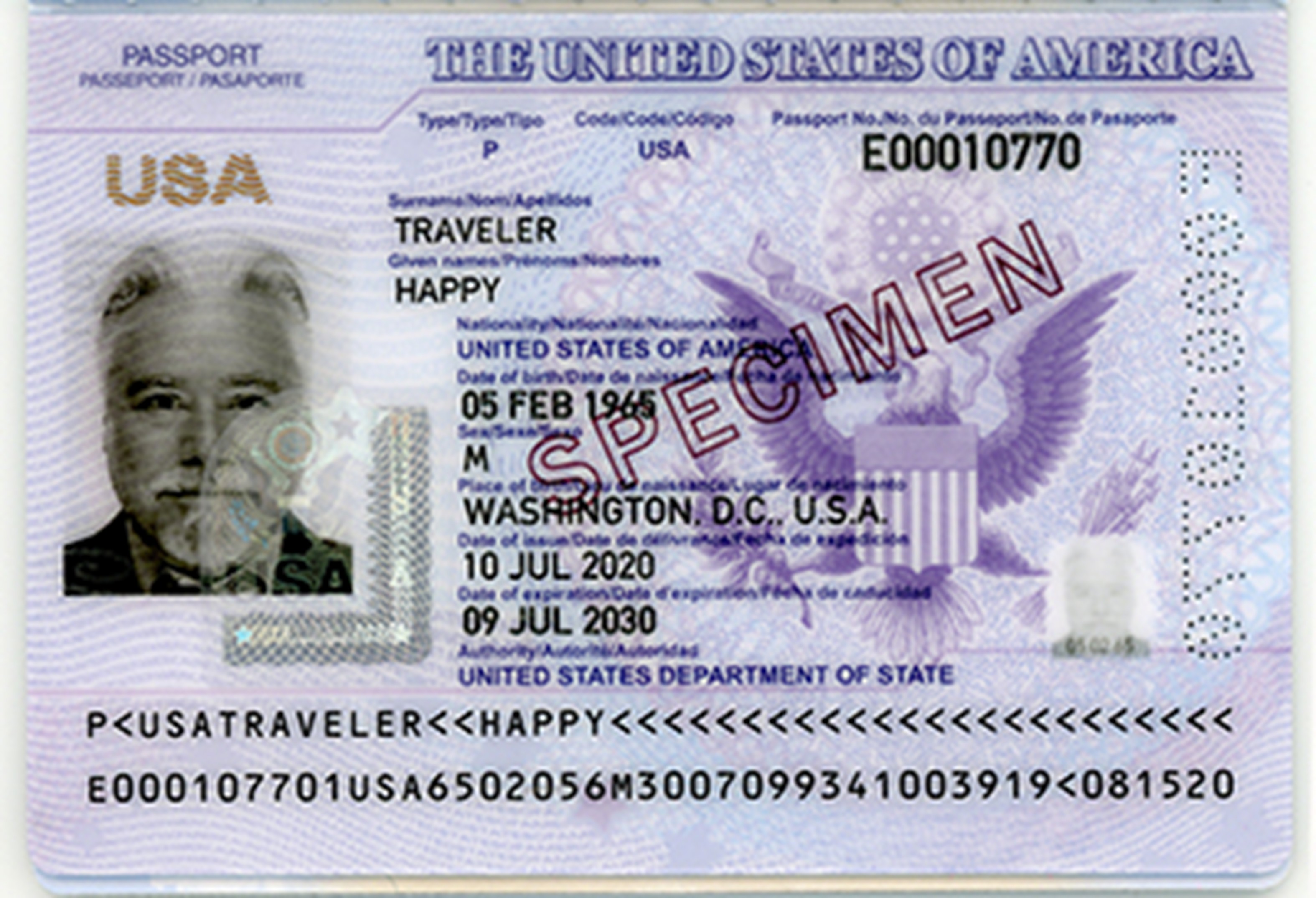 Sample image of a U.S. passport